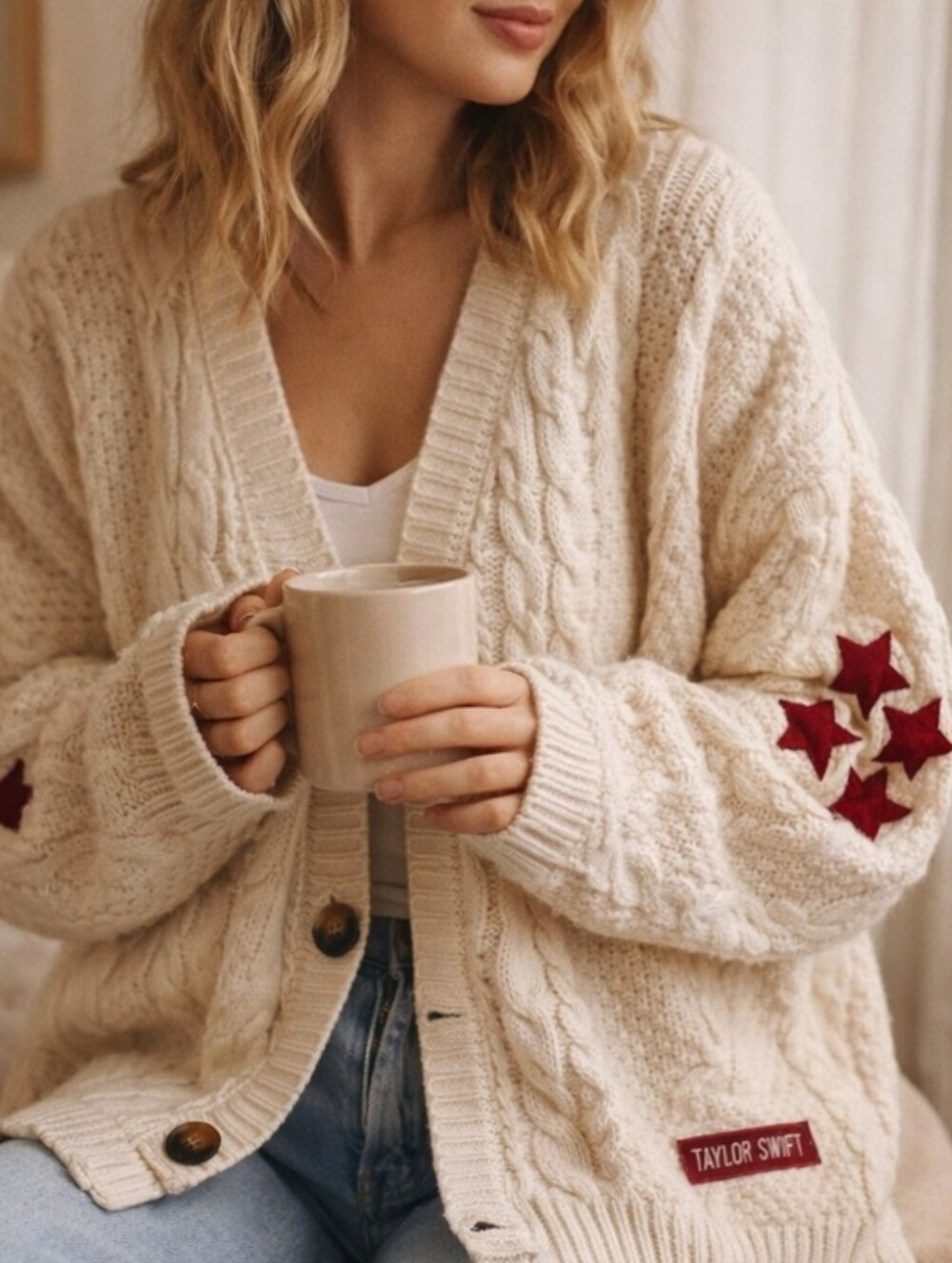 Taylor Swift Cream Cable Cardigan with Red Star Elbow Patches M/L